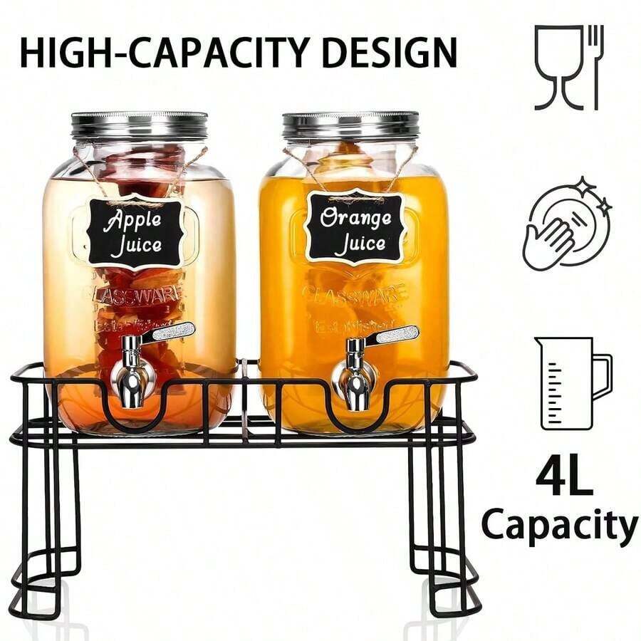 2 Packs 1 Gallon Glass With Stand And 304 Stainless Steel Faucet Party Drink Dispenser - Transparent - View 1