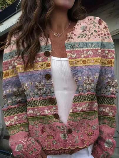 Women's Floral Print Knit Cardigan With Round Neck And Button Details. Lightweight Cardigan For All Seasons. Casual Cardigan | Floral Print Design | Jacquard Texture, Lightweight Cardigan