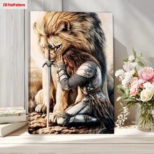 Impresión en lienzo 2D de león medieval de Judá - arte cristiano vertical con espada y escudo, león arrodillado rezando, marco de madera envuelto, adecuado para decoración de hogar, oficina, iglesia, regalo bíblico inspirador para mujeres y hombres - transparente - Ver 10