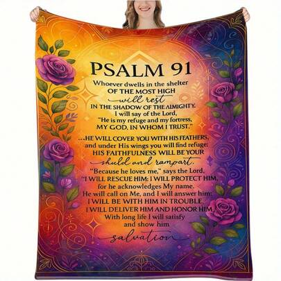 1pc Psalm 91 Bible Scripture Blanket - Flannel Christian Throw With God's Protection & Salvation - Soft All-Season Bedspread For Prayer, Home Decor, Spiritual Encouragement Gift For Women, Men, Church - Purple, Orange, Golden, Blue, Green, Yellow, Black, White - Psalm 91:1-12 Scripture Design
