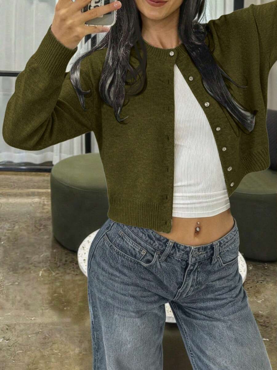 FOR BEAUTY Women's Round Neck Small Shell Button Long Sleeve Knitted Cardigan, Casual Warm And Comfortable Solid Military Green Sweater Jacket, New Year Top - Army Green - View 1