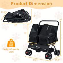 Double Pet Stroller W/ 2-Seater Carrier Adjustable Sunshade Removable Pad - Black - View 2