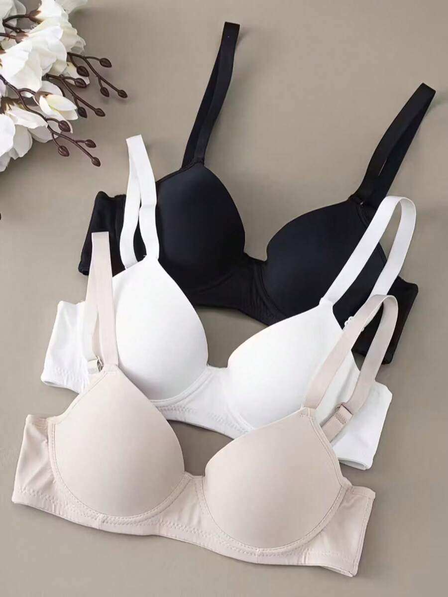 3-Pack Women's Push-Up Bras With Underwire - Full Coverage, Elastic And Comfortable, Adjustable Straps And Soft Pads For Everyday Wear, Cute Solid Colors (Black/Beige/White), Comfortable Underwear | Simple And Elegant Design | Non-Removable Pads - 彩色 - 查看 1