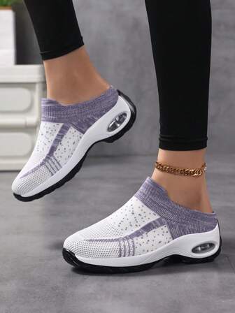 Women Breathable Knit Air Cushion Slip-On Sock Shoes Mesh Colorblock Round Toe Low Top Platform Heel Casual Shoes Daily Walking Summer Purple Fabric Sock Sneakers