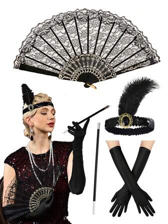 D EXCEED 4 件套 1920 年代《了不起的盖茨比》风格女士配饰套装，包括发带、手套和手扇，适合舞会、音乐会、婚礼等场合。