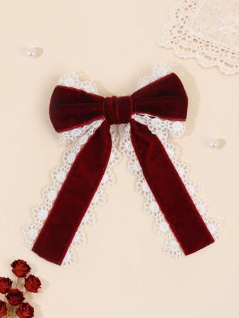 1pc Wine Red Hair Bow For Girls Elegant Velvet Bow Alligator Clip White Lace Border Hair Clips Warm Fall Winter Barrettes Tredny Daily Simple Hairpin Teens Hair Accessory