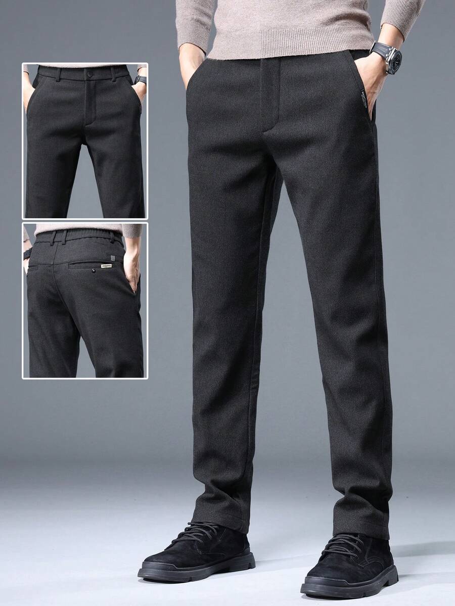 Men's Solid Color Slant Pocket Straight Leg Casual Pants, Suitable For Commuting - Black - View 1