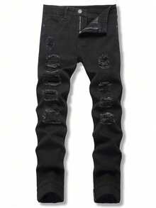 Teenage Boys' Casual Simple Fashion Ripped Jeans - Black - View 1