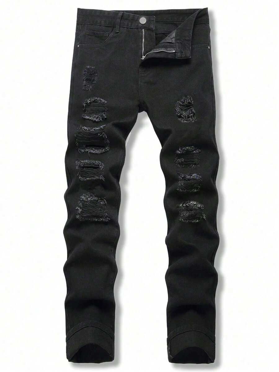 Teenage Boys' Casual Simple Fashion Ripped Jeans - Black - View 1