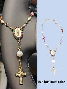 通用型汽车后视镜念珠（带吊坠）及十字架驱魔眼后视镜挂饰，金色汽车后视镜金属奖章及十字架挂饰，十字架手链，圣母玛利亚手链，洗礼祈祷手链 - 适用于汽车、摩托车、自行车和卡车（可安装在后视镜或车把上），便携式装饰品，祈求平安与祝福，生日、初领圣体、洗礼的理想礼物 - 彩色 - 查看 15