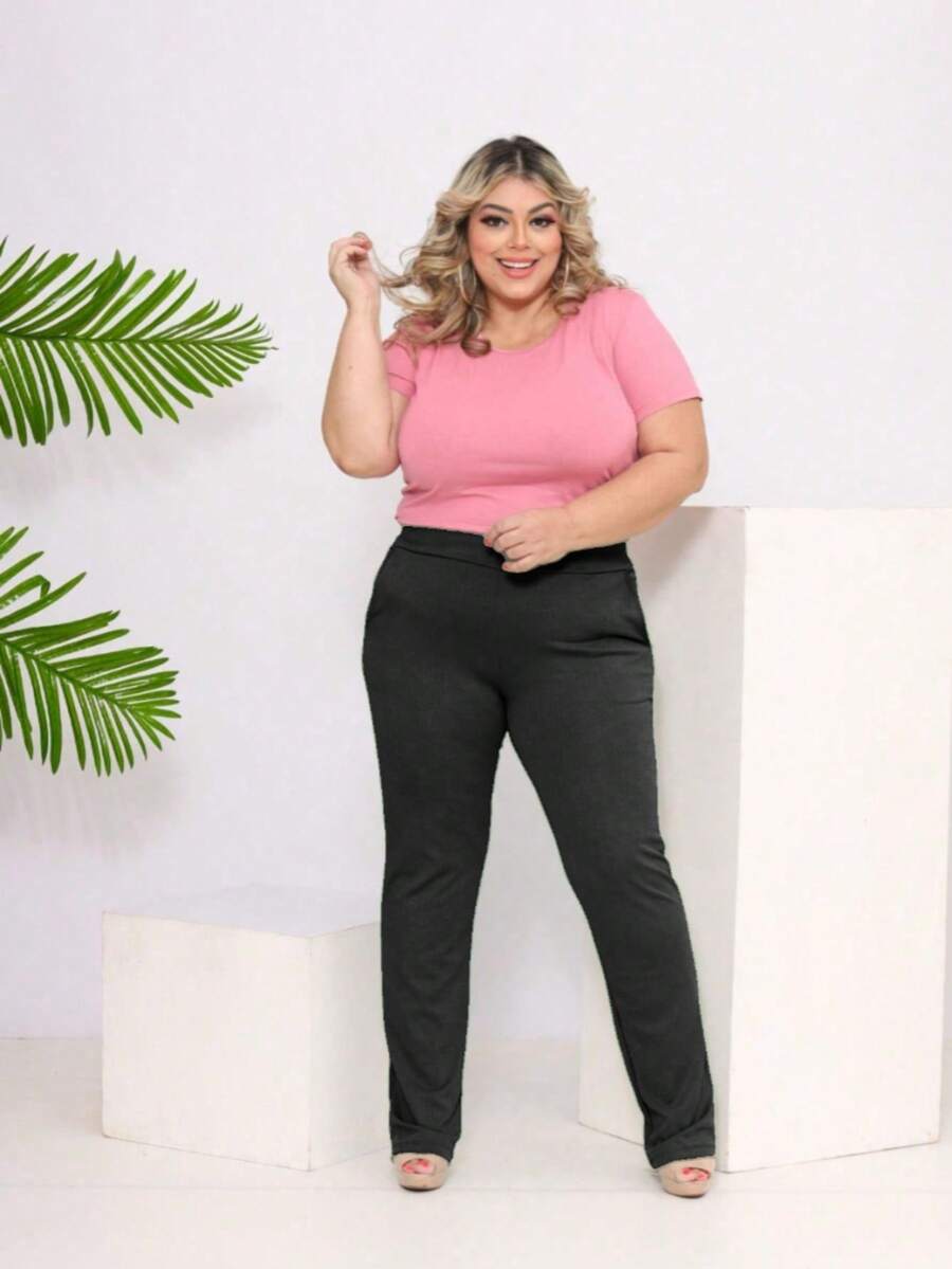 Women's Plus Size Pants With Pockets, High Waist, Linen Fabric, Premium Fashion With Elastane - 黑色 - 查看 1
