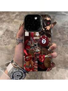 1pc Funda de Teléfono Brillante IMD con Patrón de Bola de Billar y Labios de Cereza Compatible con iPhone 16 Promax/15/14Plus/13/12/11 Carcasa de teléfono con diseño impreso - Negro - Ver 7