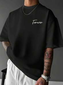 男士加大码鸽子字母印花圆领短袖休闲T恤 - 黑色 - 查看 2