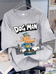 Camiseta de manga corta de estilo callejero para adolescentes con estampado de perro detective y letras, de corte holgado, con dibujo a mano divertido, adecuada para uso diario, salidas, fiestas, escuela, festivales de música, vacaciones, viajes. Puede ser un regalo para familiares, novio/a, amigos, también adecuada como una camiseta básica para niños en primavera/verano - Gris - Ver 1