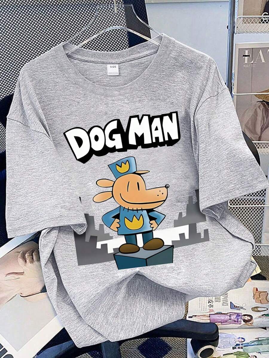 Camiseta de manga corta de estilo callejero para adolescentes con estampado de perro detective y letras, de corte holgado, con dibujo a mano divertido, adecuada para uso diario, salidas, fiestas, escuela, festivales de música, vacaciones, viajes. Puede ser un regalo para familiares, novio/a, amigos, también adecuada como una camiseta básica para niños en primavera/verano - Gris - Ver 1