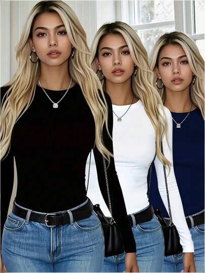 3pcs Women's Round Neck Long Sleeve T-Shirts, Fashionable Solid Color Casual Fitted Cropped Tops, Spring/Autumn