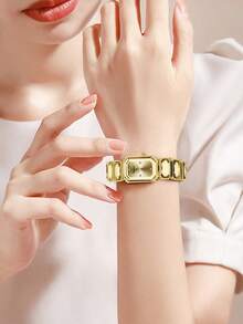 VA VA VOOM Women Square Watch Gorgeous Rhinestone Bosnia Style Fashion 27mm Gift Clock Gold & Silver & Green & Pink Stainless Steel Original Quartz Movement 3Bar Leisure & Work Girls Date Gift Couple Ladies Watch - Gold - View 9