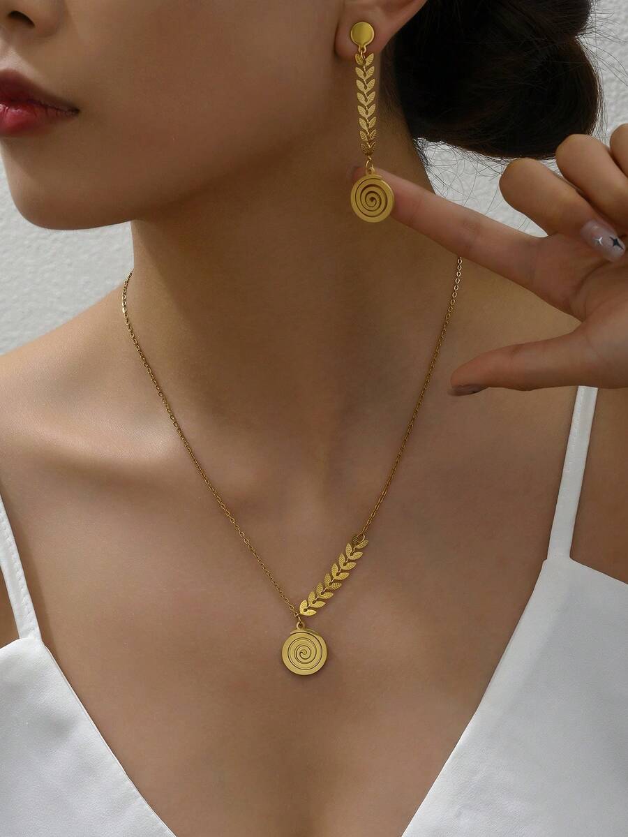 3pcs/Set Fashionable & Elegant Letter, Leaf Charm Titanium Hollow Necklace, Earrings, Choker Jewelry Set For Women