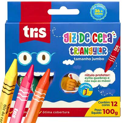 Giz De Cera Infantil 12 Cores Grosso Jumbo Inquebrável Triangular Com Rótulo Protetor – Escolar