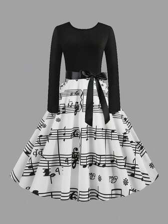 Vestido con cuello redondo y cintura anudada con estampado de partitura musical vintage, adecuado para conciertos y fiestas