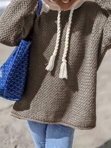 Áo len dệt kim phối màu cỡ lớn dành cho nữ, áo hoodie chui đầu cỡ lớn thanh lịch, áo len dài tay dáng rộng thoải mái, thích hợp cho kỳ nghỉ thu đông. - Màu Khaki - Xem 2