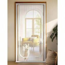 90.17厘米 x 208.28厘米 重型宠物门 - 超高超宽金属丝网屏障，带双拉链门，耐用PC材质，室内/室外均可使用，适用于卧室、客厅、厨房、露台、门口，游戏围栏设计，适合猫和小型犬 - 白色 - 查看 3