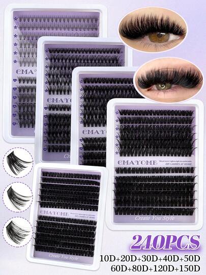 240pcs D Curl Lashes Clusters, Soft And Natural Individual Eyelashes, Diy Segmented, Thick Fluffy Dense Lashes Extensions, Easy To Use Wispy Eyelashes, 10D-150DEye Lashes, DIY Wispy Lashes Long Lasting Eyelashes Suit For Daily ,Wedding,Nigh Party,Music Festival Eyes Makeup Beauty, Student Back To School Makeup
