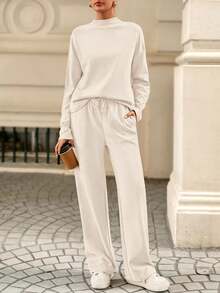 Women Fall Sweatsuits Two Piece Sets Mock Neck Long Sleeve Knit Tops Wide Leg Pants Lounge Set Travel Outfits - trắng - Xem 5