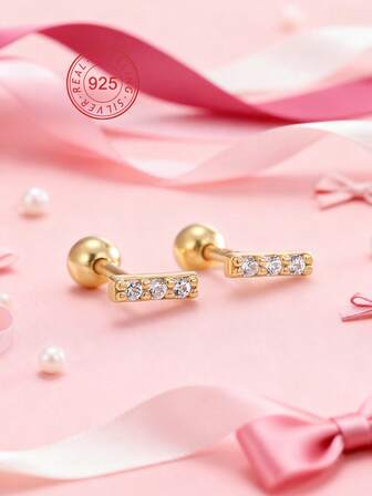 Artepollo 925 Sterling Silver Hypoallergenic Earrings For Girl | 14K Gold Plated Cubic Zirconia Bar Stud Earrings | Lightweight, Cute, Quality Jewelry For Girls | Tarnish Resistant, Gift Boxed, Suitable For Daily Wear Or Holidays | Gift For Girls, Friends, Birthday, New Year