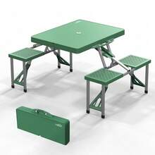 Portable Folding Camping Picnic Table With 4 Chair Seats Portable Table Set - 綠色 - 查看 7