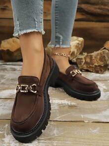 Spring/Autumn Fashion New Patchwork Solid Color Breathable Suede Metal Buckle Loafers, Versatile For Daily Commute, Vacation, Shopping, Suitable For All Seasons, Casual Slip-On Elegant Lady Style, Fashionable Decorative, Platform, Comfortable, Simple Classic Thick-Soled Coffee Brown Shoes - Brown - View 3