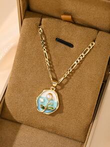 1pc European & American Style New Pearl Inlaid Faux Enamel Crafted Petite Pendant Necklace, Suitable For Stacking, Countryside Style, Ideal Gift For Christmas, Thanksgiving, Halloween, Mother's Day, Valentine's Day, Friends, Communion, Daily Wear, Prayer - Yellow Gold - View 1