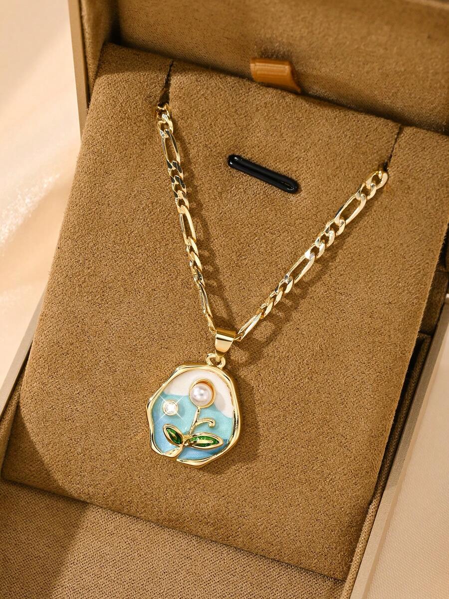 1pc European & American Style New Pearl Inlaid Faux Enamel Crafted Petite Pendant Necklace, Suitable For Stacking, Countryside Style, Ideal Gift For Christmas, Thanksgiving, Halloween, Mother's Day, Valentine's Day, Friends, Communion, Daily Wear, Prayer - Yellow Gold - View 1