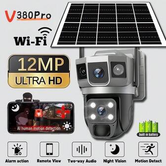 8MP Dual-Lens V380 Pro Solar Powered Wireless IP Camera, Outdoor CCTV With WiFi, PIR Motion Detection, Night Vision, Human Detection, Two-Way Audio, Preset Positions, Auto Tracking, 8W Solar Powered With Built-In Battery Pack For Year-Round Uninterrupted Operation