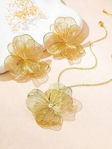 3pcs/Set Vintage Elegant Metallic Gold Textured Floral Pendant Necklace & Earrings Set, Suitable For Women's Daily, Party, Holiday, Gift - 黃金 5 - 查看 9