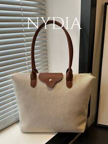 A Simple And Versatile Solid Color Casual Tote Bag, Large Capacity, With Zipper, Can Be Worn As A Shoulder Bag, Suitable For Shopping, Vacation, Work And Commuting And Other Occasions. - Beige - View 2