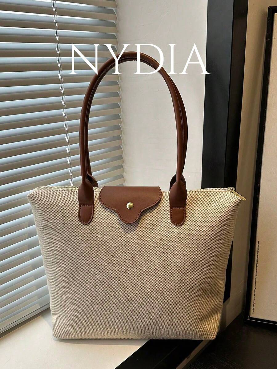 A Simple And Versatile Solid Color Casual Tote Bag, Large Capacity, With Zipper, Can Be Worn As A Shoulder Bag, Suitable For Shopping, Vacation, Work And Commuting And Other Occasions.