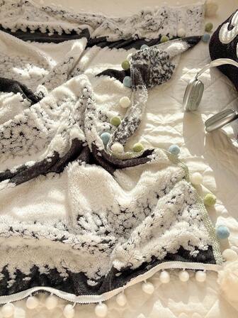 1pc Dual-Color Striped Pattern Throw Blanket, Warm, Soft And Comfortable, Decorated With Fluffy Pom-Poms, Suitable For Home Decor, Bed, Sofa, Office, Room, Dorm, Bedroom, Machine Washable, Suitable For Winter And All Seasons, Great Gift For Women