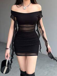 女士露肩流苏网纱透视紧身迷你连衣裙 - 黑色 - 查看 1