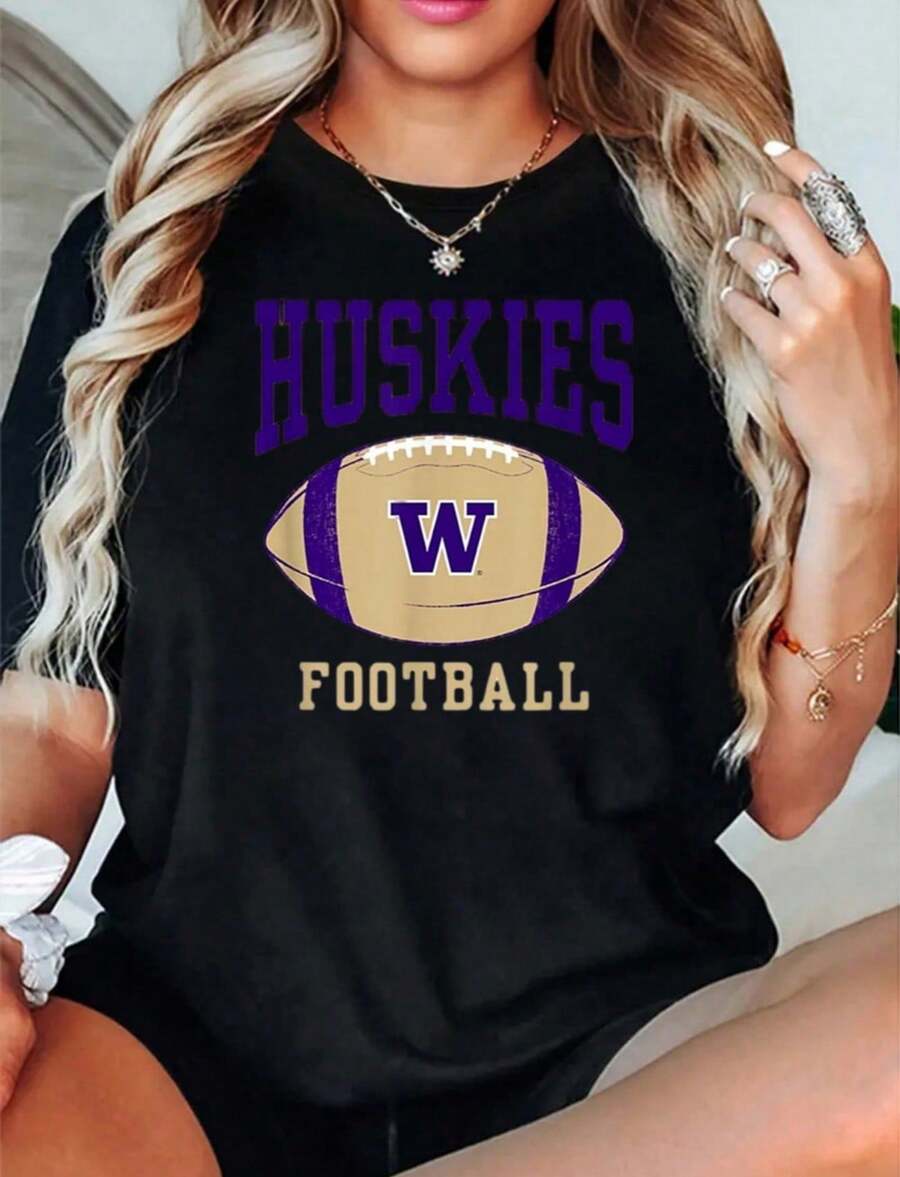 100 Cotton University Of Washington Huskies Football Ball T-Shirt Women Tshirt Print Round Neck Short Sleeve T-Shirt For - màu đen - Xem 1