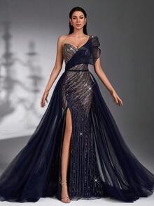 IBTRLY Vestido de Gala Formal Luxuoso e Elegante Azul Marinho com Ombro Único, Lantejoulas, Renda Bordada e Inserção de Tule, com Cauda (Muito Ornamentado), Ideal para Banquetes, Festas, Tapete Vermelho, Aniversário, Dia dos Namorados - Azul Marinho - Visão 6