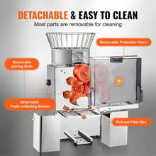 Exprimidor de naranjas comercial , extractor de jugo automático de 120 W, extractor de jugo de acero inoxidable para 25 naranjas por minuto, con caja de filtro extraíble, cubierta de PC, 2 cubos recolectores de cáscara - 25 naranjas - Ver 5