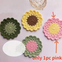 Handmade Crochet Pink Flower Coaster Set – 4 Pcs Soft Round Coffee Drink Mats With Flowerpot Holder, Funny Decorative Home Bar Desk Table Placemat For Housewarming / New Home / Kitchen & Wedding