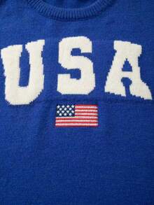 Unisex Casual Crew Neck Long Sleeve American Flag Knit Sweater, Versatile For Winter - Royal Blue - View 4
