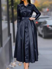 Đầm dài thanh lịch, màu trơn, tay dài, cài nút, thắt lưng, dành cho nữ, không túi, thích hợp cho tiệc tùng ngày lễ - Màu xanh hải quân - Xem 2