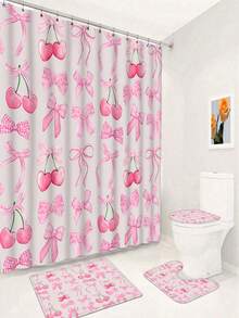 1/4 Pcs Creative Pink Bow Shower Curtain Set, Suitable For Spring/Summer, Holiday Decor, Bathroom Curtains, High-End Bathroom Home Decor Accessories, Machine Washable, 12 Hooks Included For Bathtub Enclosure, Easy To Clean Design For Refreshing Bathing Experience