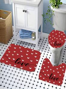 1/4 Pcs Heart Print Bathroom Curtain Set, Includes Shower Curtain, 12 Hooks, High Quality Bathroom Mat, Toilet Seat Cover, And U-Shaped Rug, Cartoon Decor, Machine Washable, Multiple Sizes Available