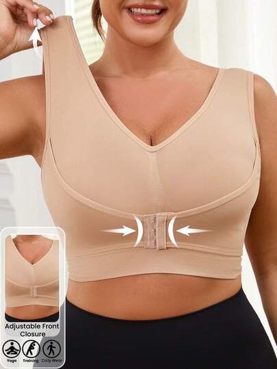 1pc Seamless Wireless Lift & Support Front Closure Adjustable Comfortable Side Gather Yoga Unpadded Sports Bra For Plus Size Women