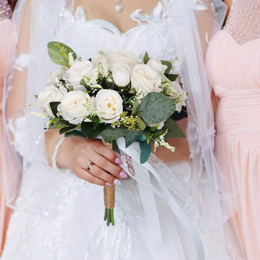 باقات زفاف للعروس والوصيفات، زهور الورد الاصطناعية البيضاء والشمبانيا لديكور الزفاف، باقة زهور عاجية اصطناعية لحفلات الزفاف والمناسبات والأعياد والمائدة المركزية لعيد الميلاد وعيد الحب - أبيض - مشاهدة 1