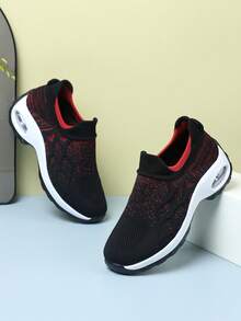 Women Breathable Lightweight Knit Walking Shoes Stretch Sock Upper Colorblock Pattern Round Toe Low Top Slip On Platform Heel Sneakers Casual Sport Style Women Daily Walking Outdoor Travel Spring Summer Black Red Fabric Athletic Shoes - Black - View 5